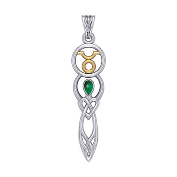 Celtic Goddess Taurus Astrology Zodiac Sign Silver and Gold Accents Pendant with Emerald MPD5936 - Jewelry